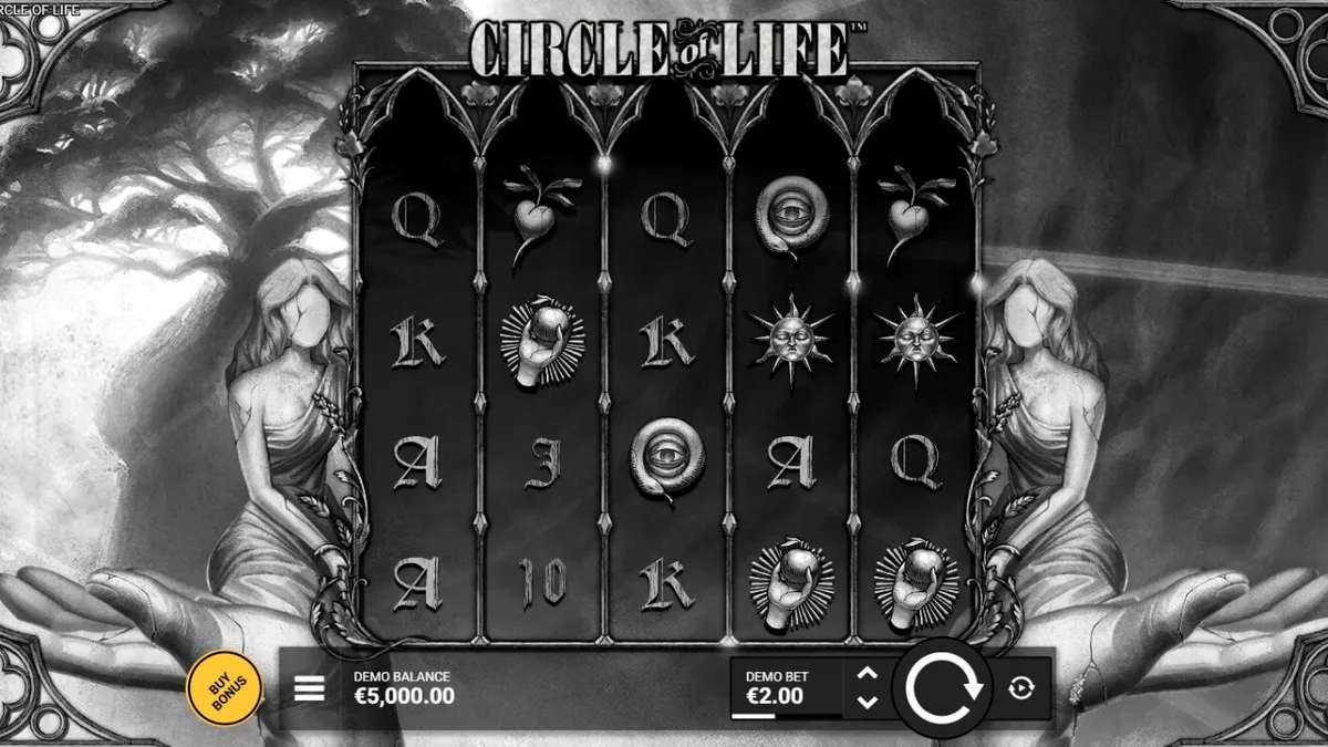 Interface do jogo Circle of Life com tema monocromático e a Árvore da Vida em destaque.