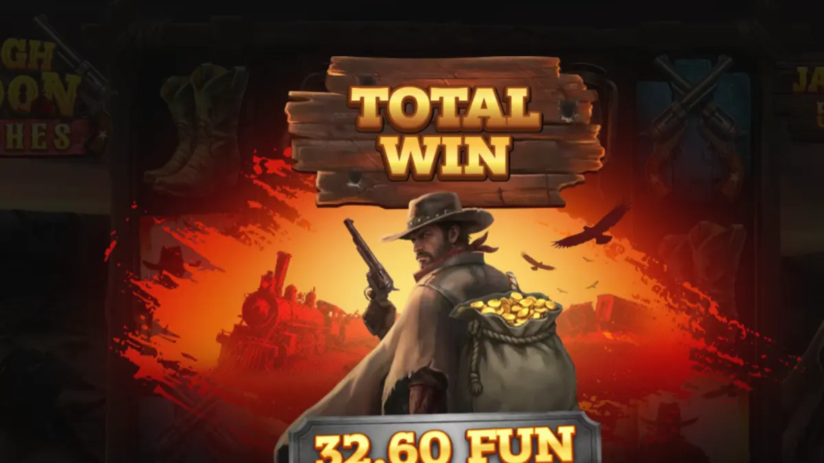 Cenário de deserto estilo Velho Oeste com elementos de slot machine High Noon Riches
